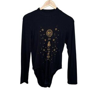Desigual Womens XL Ribbed Black Long Sleeve gold celestial embroidered Bodysuit